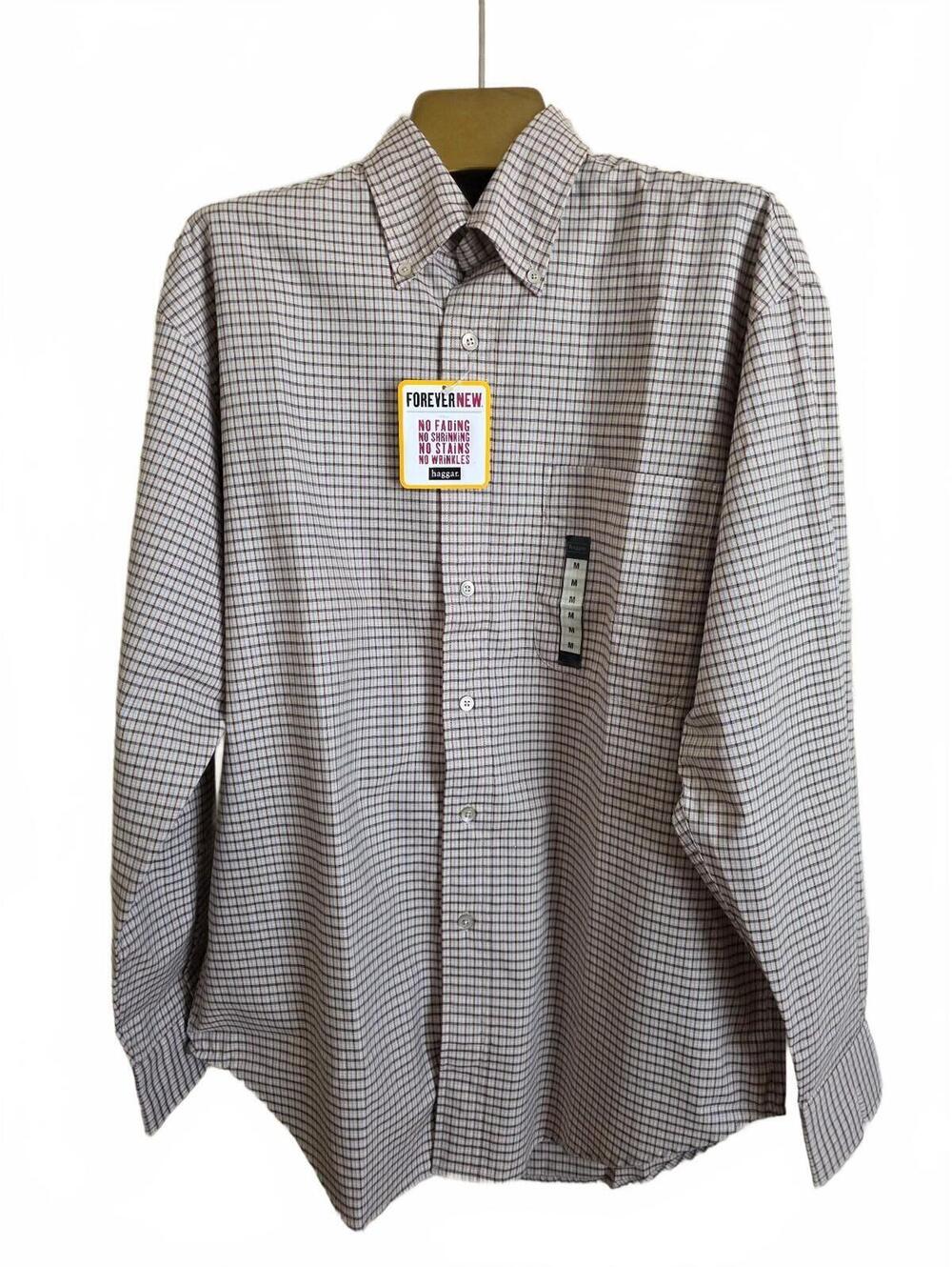 Haggar Forever New Medium Long Sleeve Button-Up Dress Shirt Brown Checkered NWT